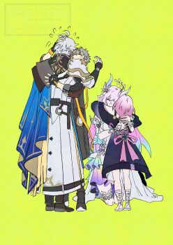 &gt;_&lt; 2boys 2girls antenna_hair back_bow bare_shoulders black_boots black_coat black_gloves black_pants blue_cape blue_hair blue_ribbon blush boots bow caelus_(honkai:_star_rail) cape closed_eyes coat cyrene_(aedes_elysiae)_(honkai:_star_rail) cyrene_(honkai:_star_rail) cyrene_(ripples_of_past_reverie)_(honkai:_star_rail) dress dual_persona fingerless_gloves flower flying_sweatdrops from_behind full_body gloves gradient_hair green_background green_ribbon grey_hair hair_between_eyes hair_flower hair_ornament hair_ribbon hand_on_another&#039;s_back hand_on_another&#039;s_head hand_up highres honkai:_star_rail honkai_(series) hug jacket leaf_hair_ornament long_hair long_sleeves mobius_strip multicolored_hair multicolored_ribbon multiple_boys multiple_girls off-shoulder_dress off_shoulder official_alternate_costume official_alternate_hairstyle pants petting phainon_(honkai:_star_rail) pink_bow pink_hair pink_ribbon pirohi_(pirohi214) pocket_watch purple_jacket ribbon rose sandals seiza short_hair simple_background sitting standing sun_symbol thigh_strap trailblazer_(honkai:_star_rail) two-sided_cape two-sided_fabric watch watermark white_dress white_flower white_hair white_jacket white_rose white_sandals yellow_cape