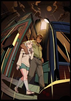 1boy 1girl absurdres alley arm_around_neck belt blue_shorts blunt_bangs boyfriend_to_death collared_shirt commentary english_commentary finger_to_face from_below full_body green_shirt hand_in_pocket hand_up highres in-universe_location lamppost long_sidelocks moon night off-shoulder_sweater off_shoulder pants rain shirt shorts sidelocks sidewalk soi_(soureeeee) soureeeee spotlight strade_(boyfriend_to_death) sweater walking white_hair white_sweater