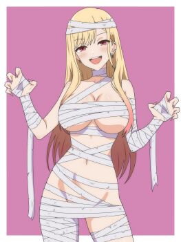 absurdres bandages blonde_hair breasts dani_(angrymatthew) ear_piercing earrings halloween_costume highres jewelry kitagawa_marin large_breasts long_hair multicolored_hair mummy_costume nail_polish navel no_bra no_panties open_mouth piercing pink_background pink_eyes solo sono_bisque_doll_wa_koi_wo_suru