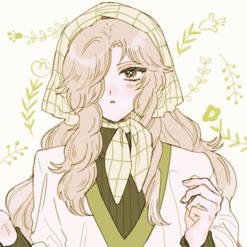 173_mkt 1boy :o alternate_costume blonde_hair blush brown_eyes commentary_request curly_hair curtained_hair fingernails floral_background green_sweater grid_print hair_over_one_eye hands_up headscarf highres layered_shirt long_hair long_sleeves looking_at_viewer male_focus maraich_juschenfe pale_skin parted_bangs patalliro! portrait ribbed_sweater shirt solo straight-on sweater trap turtleneck turtleneck_sweater v-neck wavy_hair white_background white_shirt yellow_headscarf