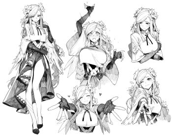 1girl black_dress black_gloves blue_hair blush breasts closed_mouth commentary_request crop_top crop_top_overhang dizzy_(guilty_gear) dress drowsy_sheep elbow_gloves fingerless_gloves flower full_body gloves guilty_gear guilty_gear_strive hair_between_eyes hair_flower hair_ornament highres large_breasts long_hair mature_female monochrome multiple_expressions queen_dizzy reaching reaching_towards_viewer red_eyes sidelocks simple_background smile solo swept_bangs upper_body white_background yellow_flower
