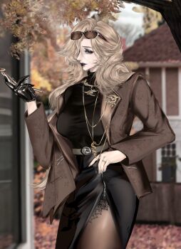 Rule 34 | 1girl, black dress, black gloves, black lips, blonde hair, breasts, chlzi156543, commentary request, cowboy shot, dress, eyeshadow, eyewear on head, gloves, hair over one eye, hand on own hip, highres, holding, holding smoking pipe, jacket, jewelry, looking at viewer, makeup, medium breasts, mole, mole above mouth, outdoors, path to nowhere, ring, smoking pipe, solo, tree, turtleneck, turtleneck dress, vautour bleu (path to nowhere)