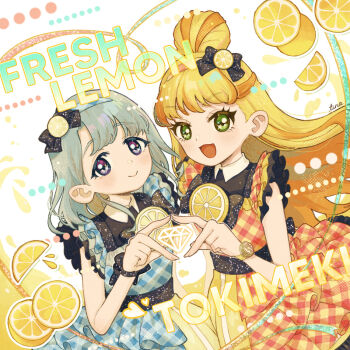 2girls :d bare_arms black_bow black_dress blonde_hair blue_dress bow bracelet chiri_sousu dress english_text floating_hair food four-finger_heart_hands frilled_sleeves frills fruit gingham_clothes gingham_dress green_eyes grey_hair hair_bow hair_bun hand_up heart heart_hands heart_hands_duo highres himitsu_no_aipri idol idol_clothes igarashi_julia jewelry lemon lemon_slice light_blush long_hair looking_at_viewer multicolored_dress multicolored_hair multiple_girls open_mouth orange_hair parted_bangs pretty_series purple_eyes red_dress rokudou_elle romaji_text short_sleeves signature smile sparkling_eyes straight_hair tareme two-tone_hair upper_body v-shaped_eyebrows white_dress yellow_dress
