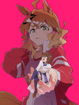 2girls agnes_tachyon_(umamusume) ahoge animal_ears blush brown_hair closed_mouth hashtag-only_commentary highres holding holding_mini_person horse_ears horse_girl horse_tail jacket jungle_pocket_(umamusume) lab_coat long_sleeves mini_person minigirl multiple_girls open_mouth pink_background purple_thighhighs raised_eyebrow red_eyes red_jacket school_uniform shirt simple_background smile tail thighhighs tracen_school_uniform track_jacket umamusume white_shirt yasumi_(aitne) yellow_eyes