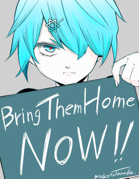 Rule 34 | 1girl, ahoge, angry, aqua eyes, aqua hair, artist name, black shirt, closed mouth, commentary, english commentary, english text, fingernails, frown, grey background, hair ornament, hair over one eye, hand up, hexagram, highres, holding, holding sign, israel, looking at viewer, one eye covered, original, pale skin, politics, red pupils, shirt, short hair, sign, simple background, solo, star (symbol), star hair ornament, star of david, straight-on, tanaka makoto, upturned eyes, v-shaped eyebrows