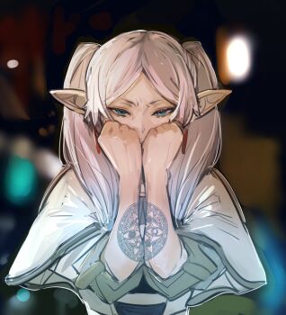 1girl aqua_eyes arm_tattoo black_shirt blurry blurry_background capelet constantine_(series) covering_own_mouth earrings elf floating_earrings frieren grey_hair higemu highres jewelry long_hair looking_at_viewer magic_circle parody parted_bangs pointy_ears scene_reference shirt solo sousou_no_frieren striped_clothes striped_shirt tattoo teardrop_earrings twintails upper_body white_capelet white_shirt