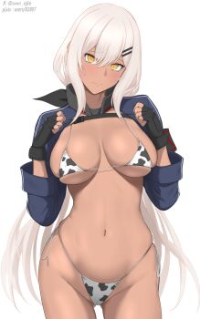 Rule 34 | 1girl, animal print, bikini, breasts, breasts apart, cameltoe, commentary request, cow print, cow print bikini, cowboy shot, dark-skinned female, dark skin, girls' frontline, gluteal fold, hair ornament, hairclip, highres, large breasts, long hair, m590 (girls' frontline), micro bikini, navel, print bikini, shrug (clothing), simple background, solo, stomach, sumi ojie, swimsuit, very long hair, white background, yellow eyes