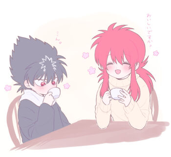 2boys alternate_costume black_hair black_robe blush closed_eyes commentary_request cup day drinking flower happy hiei_(yu_yu_hakusho) holding holding_cup indoors kurama_(yu_yu_hakusho) long_hair looking_down male_focus morishi_(bearxforest) multiple_boys open_mouth pastel_colors pink_flower red_eyes red_hair robe scarf short_hair sidelocks smile spiked_hair sweater translation_request turtleneck turtleneck_sweater upper_body white_scarf yellow_sweater yuu_yuu_hakusho