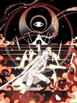 1boy 1other abstract ass censored censored_identity cloak coat crawling disembodied_eye dual_persona eclipse evie_(baoxiao) from_behind glowing highres holding holding_sword holding_weapon hood hood_up hooded_cloak male_focus night omniscient_reader&#039;s_viewpoint open_clothes open_coat orange_theme people popped_collar reaching reaching_towards_another secretive_plotter short_hair sky sparkle stairs star_(sky) starry_sky sword weapon white_hair yoo_joonghyuk