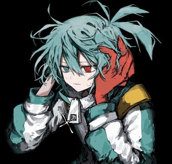 1boy @_@ aqua_eyes aqua_hair aqua_jacket black_background commentary_request glint griffon0416 hands_on_own_head heterochromia highres jacket male_focus puyopuyo red_eyes short_hair sig_(puyopuyo) simple_background solo sweatdrop upper_body