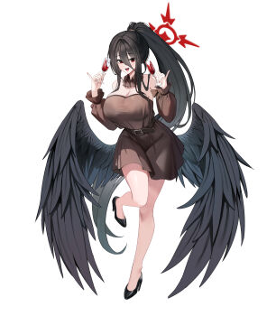 1girl absurdres alternate_costume bare_shoulders belt_around_waist black_hair black_shoes black_wings blue_archive breasts bryuni champagne_flute cleavage commentary cup detached_collar detached_sleeves dress drinking_glass fang feathered_wings full_body hair_between_eyes halo hasumi_(blue_archive) highres huge_breasts kitten_heels leg_up long_hair long_hair_between_eyes looking_at_viewer low_wings official_alternate_hairstyle oversized_wings pink_nails ponytail red_eyes red_halo shoes short_dress skin_fang solo very_long_hair wings