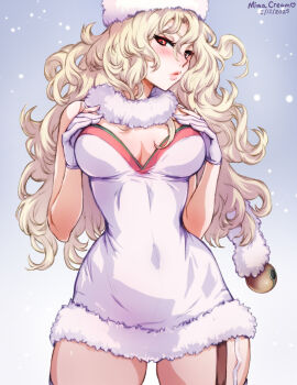 1girl blonde_hair cowboy_shot dated dress eyelashes goddess_of_victory:_nikke grey_background hat highres long_hair ludmilla_(nikke) mina_cream solo strapless strapless_dress white_dress white_hat yellow_eyes