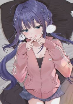 1girl black_camisole blue_eyes blue_hair blue_skirt camisole commentary highres jacket long_hair looking_at_viewer low_twintails lying mole mole_under_eye on_back original pink_jacket plaid_clothes plaid_skirt skirt solo track_jacket twintails uiri-na x_fingers x_fingers_over_mouth