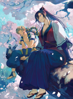 Rule 34 | 1boy, 1girl, black hair, black hakama, black horns, black pants, blonde hair, blue eyes, breasts, cherry blossoms, cleavage, commentary request, facial mark, falling petals, full body, hair between eyes, hair ornament, hakama, haori, height difference, high ponytail, horns, in tree, jacket, japanese clothes, kagura (kagurai), kagurai ~kagura and raito~, kanzashi, kimono, long hair, looking at another, manaita obi, mashutarou (neko no oyashiro), muscular, muscular male, no shirt, obi, open mouth, pants, parted lips, petals, ponytail, raito (kagurai), red kimono, samurai, sandals, sash, scabbard, sharp teeth, sheath, sheathed, short hair, sitting, sitting in tree, smile, sword, tall female, tama kanzashi, teeth, toenails, tree, weapon, white haori, white jacket, yellow eyes