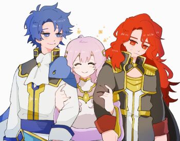 1girl 2boys arvis_(fire_emblem) ascot belt black_cape black_coat blue_belt blue_cape blue_eyes blue_gemstone blue_hair cape circlet closed_eyes closed_mouth coat cowboy_shot curtained_hair deirdre_(fire_emblem) double-parted_bangs fire_emblem fire_emblem:_genealogy_of_the_holy_war flower_symbol frown gem gold_circlet gold_trim half-siblings hand_on_another&#039;s_arm happy high_collar husband_and_wife locked_arms long_hair long_sleeves looking_at_another multiple_boys neeeeeeega_2025 nintendo parted_bangs purple_hair raised_eyebrows red_eyes red_hair short_hair side_part sigurd_(fire_emblem) simple_background smile sweatdrop two-sided_cape two-sided_fabric very_long_hair wavy_hair white_ascot white_background white_cape white_coat wife_and_husbands