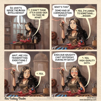 Rule 34 | 1girl, 1other, absurdres, apron, bird, black choker, black hair, black robe, blush, breasts, brown apron, brown gloves, cepper (minifantasytheater), choker, cleavage, david revoy, english text, gloves, goggles, goth fashion, grey eyes, hand on own face, highres, holding, indoors, long hair, minifantasytheater, non-humanoid robot, open mouth, parrot, parrot (minifantasytheater), parted hair, pencil, pepper&amp;carrot, robe, robot, robot animal, robot bird, scissors, speech bubble, table, window