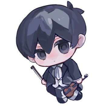 1boy antenna_hair black_eyes black_hair black_pants black_shoes black_suit bow_(music) chibi chibi_only closed_mouth collared_shirt double-parted_bangs formal_clothes hair_between_eyes highres holding holding_bow_(music) holding_instrument holding_violin instrument long_sleeves looking_at_viewer male_focus natunoiro omori pants shirt shoes short_hair simple_background solo suit sunny_(omori) violin white_background white_shirt