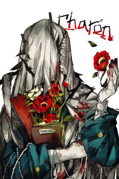 1boy absurdres artist_name blue_coat character_name charon_(reverse:1999) chinese_commentary coat commentary_request covered_face dog_tags flower gloves hand_up highres holding holding_dog_tags holding_flower holding_notebook male_focus notebook poppy_(flower) red_flower reverse:1999 solo upper_body veil white_flower white_gloves white_veil youmo_yinzi