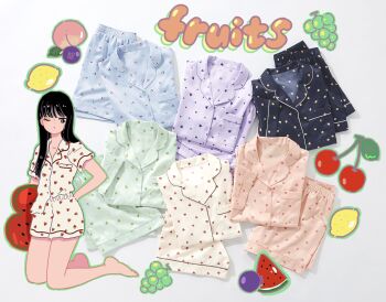 1girl ad black_eyes black_hair blue_pajamas blueberry cherry collarbone commentary emamemamo33 english_text food fruit full_body grapes green_pajamas hair_behind_ear highres kneeling long_hair looking_at_viewer one_eye_closed original pajamas peach photo_background pink_pajamas promotional_art purple_pajamas shirt_partially_tucked_in short_sleeves shorts sleepwear solo watermelon watermelon_slice