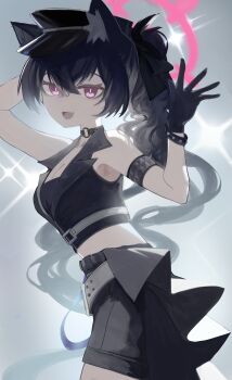 1girl absurdres black_gloves black_hair blue_archive bow breasts cleavage cowboy_shot gloves hair_bow halo highres idol looking_to_the_side midriff rokun serika_(blue_archive) twintails waving