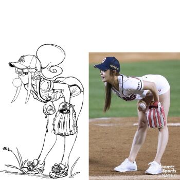 1boy 1girl ass ball baseball baseball_cap baseball_glove baseball_uniform bent_over blowing_bubbles chewing_gum demi_(dizzyspells) dizzyspells eyelashes feminine full_body hat holding holding_ball long_hair looking_at_viewer midriff_peek one_glove original ponytail reference_photo reference_work shoes shorts sidelocks sneakers sportswear trap