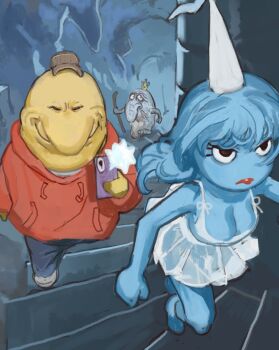 1girl 2boys blue_hair blue_skin breasts charlie_dompler cleavage colored_skin critter dress highres hood hoodie implied_pantyshot long_hair medium_breasts mossacannibalis multiple_boys princess shmaloogles smile smiling_friends smirk spiral_staircase stairs white_dress yellow_skin