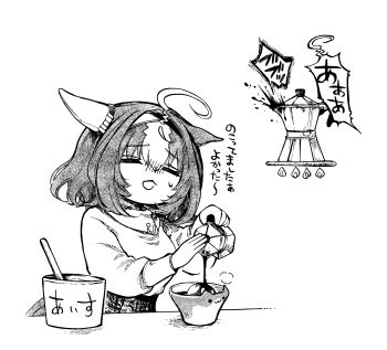 1girl =_= ahoge animal_ears bowl chibi closed_eyes ear_covers hairband highres horse_ears horse_girl horse_tail mame_nabe_donko medium_hair meisho_doto_(umamusume) moka_pot pouring raised_eyebrows shirt shirt_tucked_in single_ear_cover skirt solo sound_effects speech_bubble sweatdrop tail traditional_media translation_request umamusume