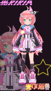 Rule 34 | 1girl, ahoge, aqua eyes, aqua jacket, black choker, black jacket, black shirt, black skirt, black socks, bow, character name, choker, closed mouth, copyright notice, hair between eyes, hair bow, hair ornament, headphones, highres, hikari riria, indie virtual youtuber, jacket, jacket bow, kneehighs, logo, long hair, multicolored jacket, multicolored shirt, multicolored shoes, multicolored socks, multicolored thighhighs, murakami hisashi, official art, open clothes, open jacket, pink bow, pink hair, pink jacket, pink shirt, pink shoes, pink socks, print shirt, shirt, shoes, single kneehigh, single sock, single thighhigh, skirt, socks, solo, star (symbol), thighhighs, virtual youtuber, white jacket, white shirt, white shoes
