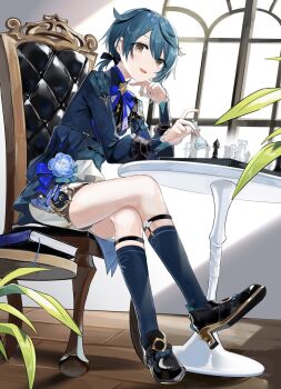 1boy artistic_error bishounen black_bow black_shoes blue_coat blue_hair blue_socks board_game bow chair chess chess_piece coat crossed_legs flower full_body genshin_impact hair_bow highres holding holding_chess_piece low_ponytail male_focus official_alternate_costume official_alternate_hairstyle on_chair open_mouth ouji_fashion ponytail shoes short_hair short_ponytail shorts sitting smile socks solo table thighs white_flower white_shorts xingqiu_(bamboo_rain)_(genshin_impact) xingqiu_(genshin_impact) yellow_eyes yoko_(nz_g)
