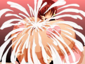 1girl between_breasts breasts breasts_out clothed_female_nude_male cum cum_on_body cum_on_breasts cum_on_upper_body female_focus grabbing_own_breast heart huge_breasts jacket jiggle kaiman82 kaimanwanio large_breasts long_hair long_sleeves nude open_mouth paizuri pov red_hair shermie_(kof) the_king_of_fighters