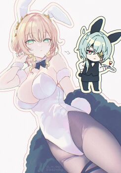 1boy 1girl aglaea_(honkai:_star_rail) anaxa_(honkai:_star_rail) animal_ears bare_shoulders black_gloves black_vest blonde_hair blue_eyes blue_hair bow bowtie breasts chibi chibi_inset detached_collar eyepatch fake_animal_ears fake_tail gloves green_eyes honkai:_star_rail honkai_(series) large_breasts leotard looking_at_viewer pantyhose pantyhose_under_leotard playboy_bunny rabbit_ears rabbit_tail shirt silltare strapless strapless_leotard tail twitter_username vest waistcoat white_leotard white_shirt wrist_cuffs
