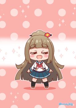 1girl battle_girl_high_school blunt_bangs blush_stickers brown_hair chibi chibi_only closed_eyes closed_mouth commentary_request facing_viewer fujimiya_sakura full_body highres long_hair neckerchief nna_btg open_mouth pink_background pleated_skirt red_neckerchief sailor_collar school_uniform skirt solo standing thick_eyebrows very_long_hair