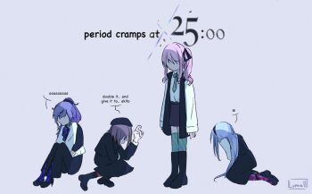 1other 25-ji_nightcord_de._(project_sekai) 3girls akiyama_mizuki asahina_mafuyu black_footwear black_ribbon black_skirt black_vest blue_bow blue_bowtie blue_socks boots bow bowtie brown_hair commentary english_commentary english_text faceless green_socks grey_hair hair_ornament hair_ribbon hair_scrunchie highres long_hair long_sleeves looking_down lunrall menstrual_cramps menstruation multicolored_socks multiple_girls pain pink_hair pink_socks project_sekai purple_hair red_socks ribbon scrunchie shinonome_ena shirt side_ponytail sidelocks signature sitting skirt socks standing very_long_hair vest white_shirt yoisaki_kanade