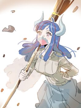 1girl alternate_costume blue_hair blue_skirt breasts broom commentary falling_leaves feet_out_of_frame hand_on_own_hip holding holding_broom horns large_breasts leaf long_hair long_skirt long_sleeves looking_up mask mouth_mask one_piece over_shoulder pink_eyes raine_(acke2445) skirt solo sweater symbol-only_commentary ulti_(one_piece)