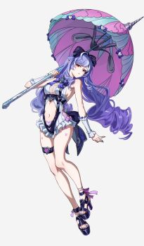 1girl absurdres armpit_crease arms_behind_back barefoot black_bow bow breasts clothing_cutout commentary_request full_body grey_background grey_one-piece_swimsuit hair_between_eyes highres holding holding_umbrella light_blush long_hair looking_at_viewer medium_breasts mole mole_under_eye nail_polish navel navel_cutout official_alternate_costume official_alternate_hairstyle one-piece_swimsuit open_mouth pointy_ears purple_hair purple_nails red_eyes rywy2524 simple_background sitting smile solo standing stomach swimsuit thigh_strap thighs toenail_polish toenails umbrella very_long_hair vivian_banshee vivian_banshee_(iris_of_the_shore) wariza zenless_zone_zero