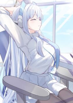 1girl absurdres blue_archive blue_necktie breasts chair closed_eyes closed_mouth halo highres large_breasts long_hair mechanical_halo name_tag necktie noa_(blue_archive) shiraae_quartet shirt skirt solo stretching swivel_chair white_hair white_shirt white_skirt
