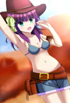 1girl :d alternate_costume angel_beats! arm_up armpits belt bikini bikini_top_only blue_bikini blue_shorts blunt_bangs blurry blurry_background blush bow breasts brown_belt brown_hat cleavage collarbone commentary cowboy_hat cowboy_shot cowgirl_(western) day denim denim_shorts dutch_angle eyes_visible_through_hair green_bow green_eyes groin hair_between_eyes hair_bow hand_up hat lelie_(lelie_link) looking_at_viewer medium_breasts medium_hair nakamura_yuri navel open_mouth outdoors purple_hair shorts smile solo stomach straight_hair swimsuit