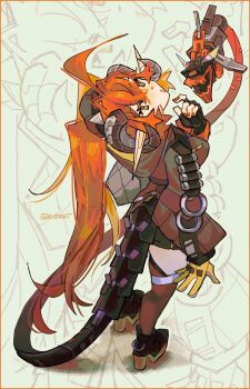 1girl 1other ammunition asymmetrical_gloves black_hat black_horns black_jacket black_shoes dragon_girl dragon_horns dress fingerless_gloves from_behind gloves green_eyes gun hat head_tilt highres horns jacket long_hair looking_back magus_(zenless_zone_zero) mechanical_horns mechanical_tail mismatched_gloves open_mouth orange_hair orange_pupils orphie_magnusson pointing pointing_at_self pointy_ears red_nails rizsnt shoes single_fingerless_glove sketch_background tail thigh_strap thighhighs twintails twitter_username weapon white_background yellow_gloves zenless_zone_zero zipper_dress