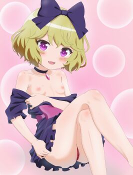 1girl bare_shoulders blonde_hair blush crossed_legs dress elly_(tonari_no_kyuuketsuki-san) fang female_focus flat_chest hair_ribbon highres jewelry loli looking_at_viewer nipples purple_dress purple_eyes ribbon short_hair sincos solo takeoff tonari_no_kyuuketsuki-san vampire