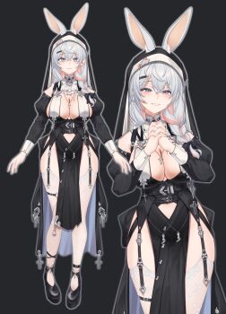 1girl absurdres animal_ear_fluff animal_ears aningay black_background black_dress black_shoes braid breasts character_request check_character cleavage closed_mouth clothing_cutout commentary_request dress ears_through_headwear garter_straps grey_eyes grey_hair hair_between_eyes hair_over_shoulder highres interlocked_fingers juliet_sleeves large_breasts long_sleeves looking_at_viewer multicolored_hair multiple_views navel navel_cutout nun own_hands_clasped own_hands_together pink_hair puffy_sleeves rabbit_ears shoes simple_background smile stargazer_(company) thighhighs two-tone_hair usami_miyu veil virtual_youtuber white_thighhighs