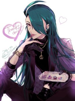 1girl black_gloves black_pants black_shirt bracelet candy chocolate chocolate_heart clothing_cutout commentary_request earrings english_text eyes_visible_through_hair food gloves green_hair hair_over_one_eye heart heart-shaped_food highres holding holding_tray jacket jewelry judas_worst long_hair looking_at_viewer midriff nail_polish navel navel_cutout necklace nintendo official_alternate_costume official_alternate_hairstyle pants pokemon pokemon_masters_ex purple_jacket red_eyes red_nails rika_(palentine's_2026)_(pokemon) rika_(pokemon) shirt single_unworn_glove solo tongue tongue_out tray turtleneck valentine very_long_hair