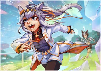 Rule 34 | 2girls, absurdres, ahoge, anazel, animal ears, arima kinen, black pantyhose, black shorts, blue eyes, breasts, broken glass, brooch, brown hair, brown shirt, closed eyes, closed mouth, clothing cutout, commentary, cropped jacket, diamond brooch, ear ornament, english commentary, glass, gloves, green necktie, grey hair, grey leotard, grey tail, hair between eyes, hair ornament, hair ribbon, hairband, highres, hip vent, horse ears, horse girl, horse tail, jacket, jewelry, leotard, long hair, long sleeves, medium breasts, mejiro ryan (down the line) (umamusume), mejiro ryan (umamusume), midriff, multicolored hair, multiple girls, navel, neckerchief, necktie, oguri cap (cinderella gray) (umamusume), oguri cap (umamusume), open mouth, overskirt, pantyhose, ponytail, red neckerchief, ribbon, running, shirt, shirt under shirt, short hair, shorts, smile, star brooch, striped clothes, striped jacket, tail, teeth, tied shirt, two-tone hair, umamusume, umamusume: cinderella gray, vertical-striped clothes, vertical-striped jacket, white gloves, white hair, white jacket, white shorts