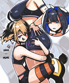 2girls absurdres anger_vein artist_name ass black_hair black_shorts black_sports_bra blonde_hair blue_eyes blue_hair blush breasts commentary english_commentary english_text female_pervert franzilla hair_bun hair_intakes hand_on_own_hip highres hololive hololive_english hugging_another&#039;s_leg large_breasts multicolored_hair multiple_girls ouro_kronii outline pervert pink_eyes shiny_skin shorts single_hair_bun spoken_character sports_bra sportswear striped_clothes striped_thighhighs sweat tail thighhighs twintails two-tone_hair very_sweaty virtual_youtuber white_outline yuri zoom_layer