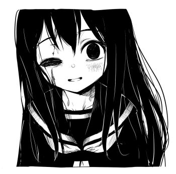 1girl broiler greyscale long_hair looking_at_viewer missing_eye monochrome original parted_lips scar scar_across_eye scar_on_face school_uniform serafuku smile solo upper_body