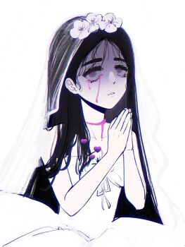 1girl alien_stage black_hair blood blood_from_neck bloody_tears bow bridal_veil chinese_commentary commentary dress dress_bow flower frown hair_flower hair_ornament heart highres long_hair official_alternate_costume official_alternate_hair_length official_alternate_hairstyle own_hands_together parted_lips pink_blood purple_eyes see-through_clothes see-through_veil solo spot_color strapless strapless_dress sua_(alien_stage) veil very_long_hair wedding_dress yiqisuo