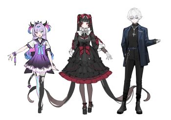 3girls absurdly_long_hair androgynous asymmetrical_legwear belt black_dress black_horns black_pants black_pantyhose black_shirt black_shoes blazer blue_eyes blue_jacket blue_ribbon blunt_bangs closed_mouth collared_dress commentary_request cross cross_necklace dress frilled_dress frills full_body gokubara_michika gothic_lolita hair_ribbon heterochromia highres horns jacket jewelry lolita_fashion long_hair long_sleeves looking_at_viewer mismatched_legwear moudoku_denpa_shoujo_purple_lollipop multicolored_hair multiple_girls nechika-sama necklace needy_girl_overdose official_art ohisashiburi pants pantyhose purple_dress purple_eyes purple_hair red_eyes red_ribbon ribbon ring second-party_source shirt shoes short_dress short_hair simple_background smile standing streaked_hair thighhighs torn_clothes torn_thighhighs twintails two_side_up very_long_hair white_background white_hair
