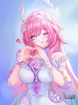 1girl ;p absurdres aqua_hair artist_name bare_shoulders blue_background breasts clothing_cutout commentary cyrene_(honkai:_star_rail) cyrene_(ripples_of_past_reverie)_(honkai:_star_rail) diamond-shaped_pupils diamond_(shape) flower gradient_hair hair_flower hair_ornament halo heart heart_hands highres honkai:_star_rail honkai_(series) large_breasts licking_lips long_hair looking_at_viewer multicolored_hair n.nyx one_eye_closed pink_hair pointy_ears purple_eyes side_cutout solo symbol-shaped_pupils tongue tongue_out two-tone_hair very_long_hair