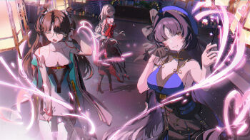 Rule 34 | 3girls, absurdres, aerial fireworks, arms behind back, bare shoulders, beret, black bow, black eyes, black hair, black skirt, blue hat, blue shirt, bow, breasts, brown hair, closed eyes, commentary request, dress, earrings, fireworks, glasses, grey hair, hand up, happypuppy, hat, hat bow, high-waist skirt, highres, holding, holding fireworks, jewelry, long hair, looking at viewer, medium breasts, multiple girls, night, open mouth, pantyhose, parted bangs, parted lips, phrolova (wuthering waves), red dress, round eyewear, shirt, skirt, smile, sparkler, tacet mark (wuthering waves), white pantyhose, wuthering waves, yangyang (wuthering waves), zhezhi (wuthering waves)