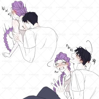 Rule 34 | 1boy, 1girl, ^ ^, argyle background, black hair, black pants, blank eyes, blush, braid, braided ponytail, camisole, clenched teeth, closed eyes, commentary request, crop top, ear blush, forehead, grabbing another's hair, grey camisole, hetero, highres, holding another's arm, holding another's hair, jinu (kpop demon hunters), kissing back, kpop demon hunters, laughing, long hair, multiple views, nose blush, pants, purple hair, rmflarp eks, rumi (kpop demon hunters), shirt, smile, t-shirt, teeth, v-shaped eyebrows, veins, veiny hands, very long hair, watermark, white shirt