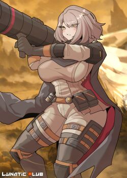 Rule 34 | 1girl, armor, artist name, breasts, cape, commentary, cowboy shot, girls' frontline, girls' frontline 2: exilium, gloves, grey hair, gun, helldivers (series), highres, holding, holding gun, holding sword, holding weapon, large breasts, lunatic club, pants, parted lips, rl-77 airburst rocket launcher, rocket launcher, science fiction, short hair, solo, sword, untranslatable commentary, upper body, vector (girls' frontline), weapon, yellow eyes